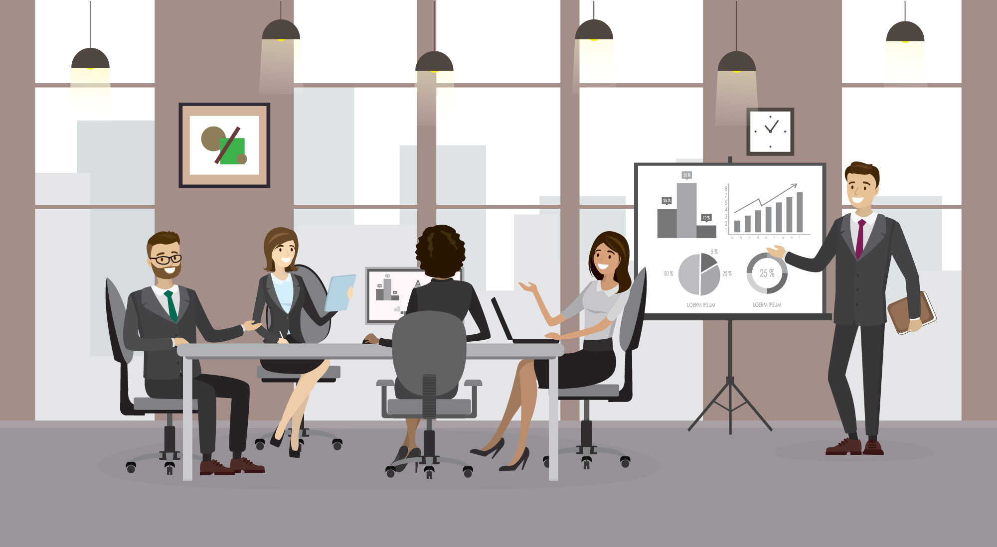 BLOGEmployeeSatisfaction Cartoon business employees discussing charts