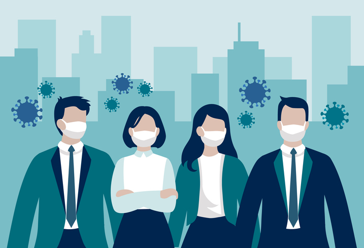 Vector group of business workers or enterpreneurs wearing protective face masks standing in front of office buildings surrounded by virus cells - coronavirus pandemic influencing business Cartoon employees wearing masks in front of a city with COVID-19 molecules