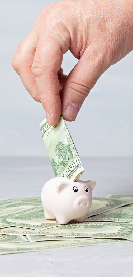 hsa-image-4 a hand dropping a bill into a small piggy bank over a pile of bills