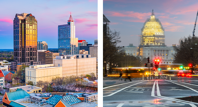 This image showcases the landscape of North Carolina and Washington D.C. It's too illustrate PrestigePEO's presence in these markets. This image is on the about us section of PrestigePEO's website.
